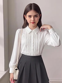 SHEIN Young Girl Solid Color Kids Long Sleeve Single-Breasted Casual Shirt - White - View 4