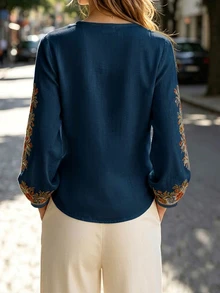 Selianne 女款花卉刺繡缺口V領長袖休閒襯衫 - 彩色 - 查看 2