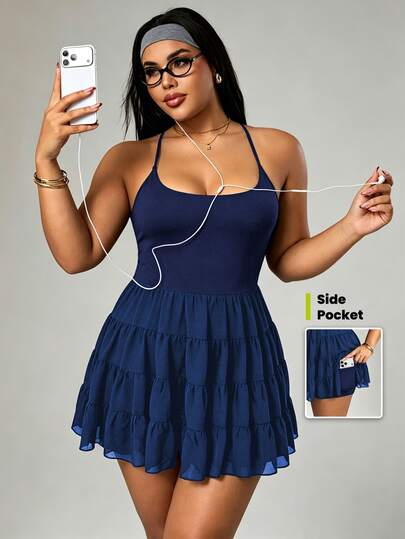 Rhythm Era Plus Size Patchwork Ruffle Hem Backless Halter Neck Sports Dress