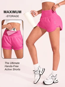 SHEIN Sovereign Charm Solid Color Wide Waist Double Layer Sports Shorts - Rose Red - View 2
