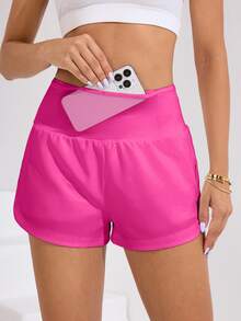 SHEIN Sovereign Charm Solid Color Wide Waist Double Layer Sports Shorts - Rose Red - View 6