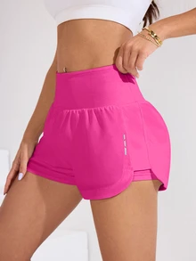 SHEIN Sovereign Charm Solid Color Wide Waist Double Layer Sports Shorts - Rose Red - View 8