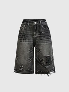 ROMWE Grunge Punk Y2K复古水洗翅膀印花超低腰阔腿女式牛仔短裤 - 灰色 - 查看 2