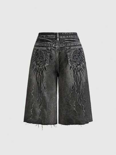 Grunge Punk Y2K Vintage Washed Wing Print Super Low Waist Wide Leg Women Denim Shorts