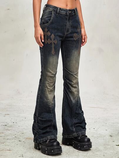 Grunge Punk Kpop Gyaru Shibuya-Style Cross Metal Rivet Distressed Skinny Flare Low Waist Jeans For Women