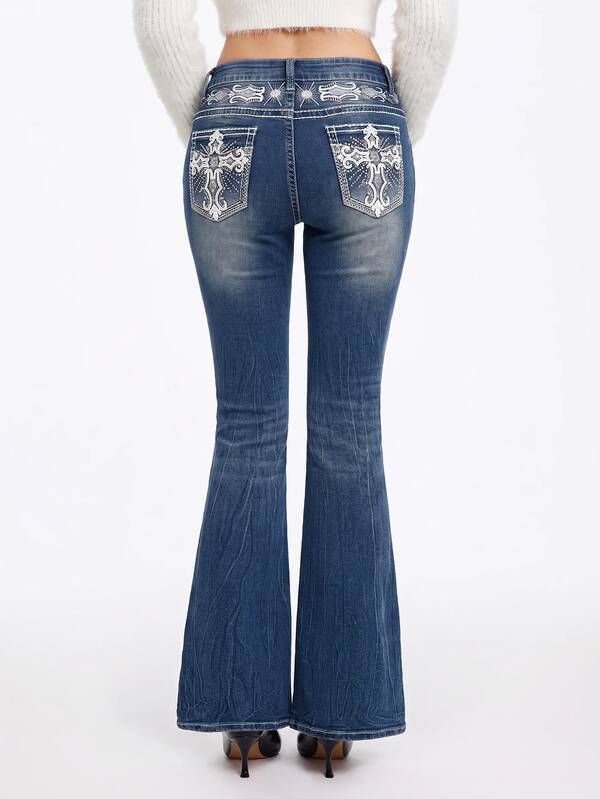 ROMWE Grunge Punk Y2K Vintage Millennium Sexy Pocket Cross Wings Embroidery Women's Slim Flared Low Waist Jeans, Ladies Button Pocket Zipper Drop Waist Flare Leg Long Navy Blue Curvy Skinny Women Low Waist Jeans, Spring/Fall, Casual Daily Wear