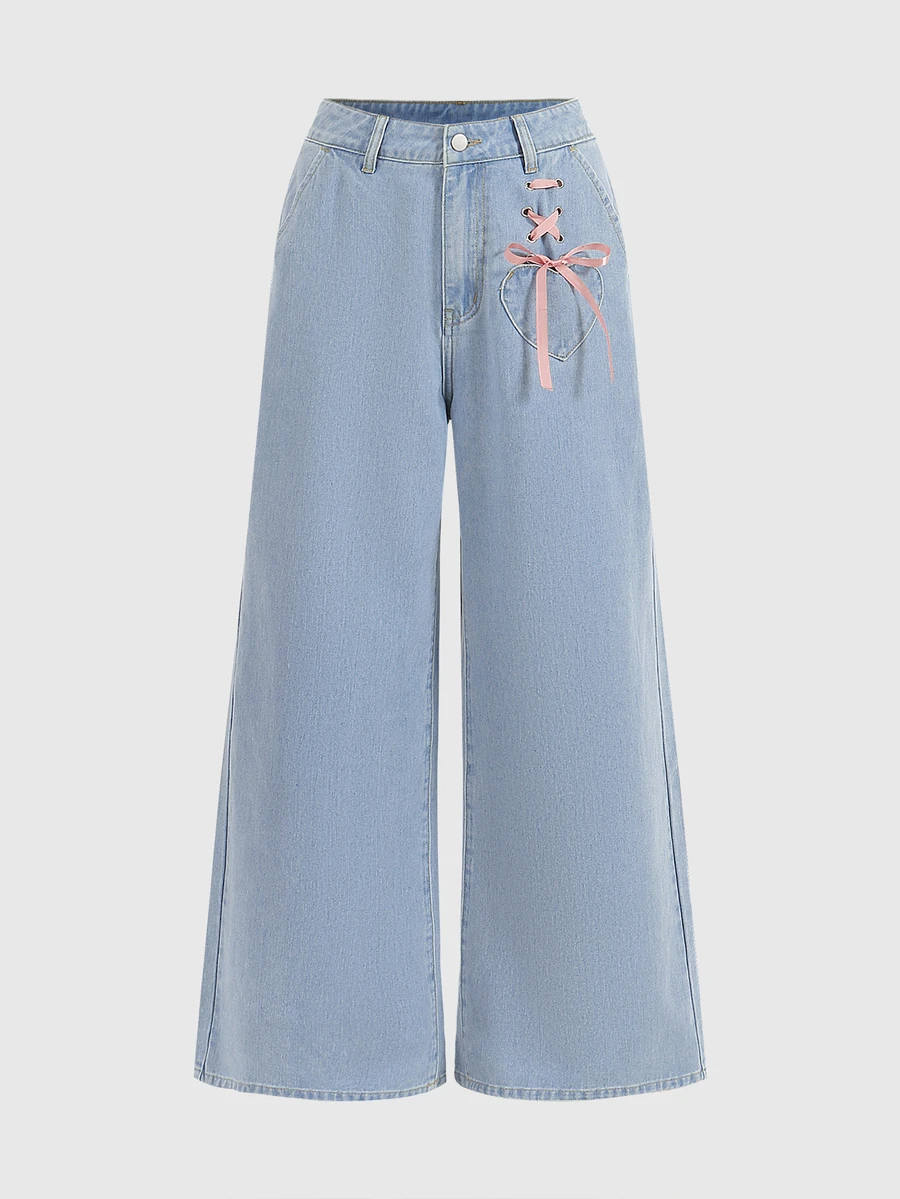 ROMWE Kawaii Himekaji Lace Up Front Wide Leg Jeans, School - Light Wash - View 1