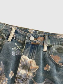 ROMWE Fairycore Vintage Floral Printed Washed Loose Wide Leg Jeans For Women - Blue - View 4