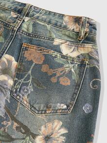 ROMWE Fairycore Vintage Floral Printed Washed Loose Wide Leg Jeans For Women - Blue - View 5