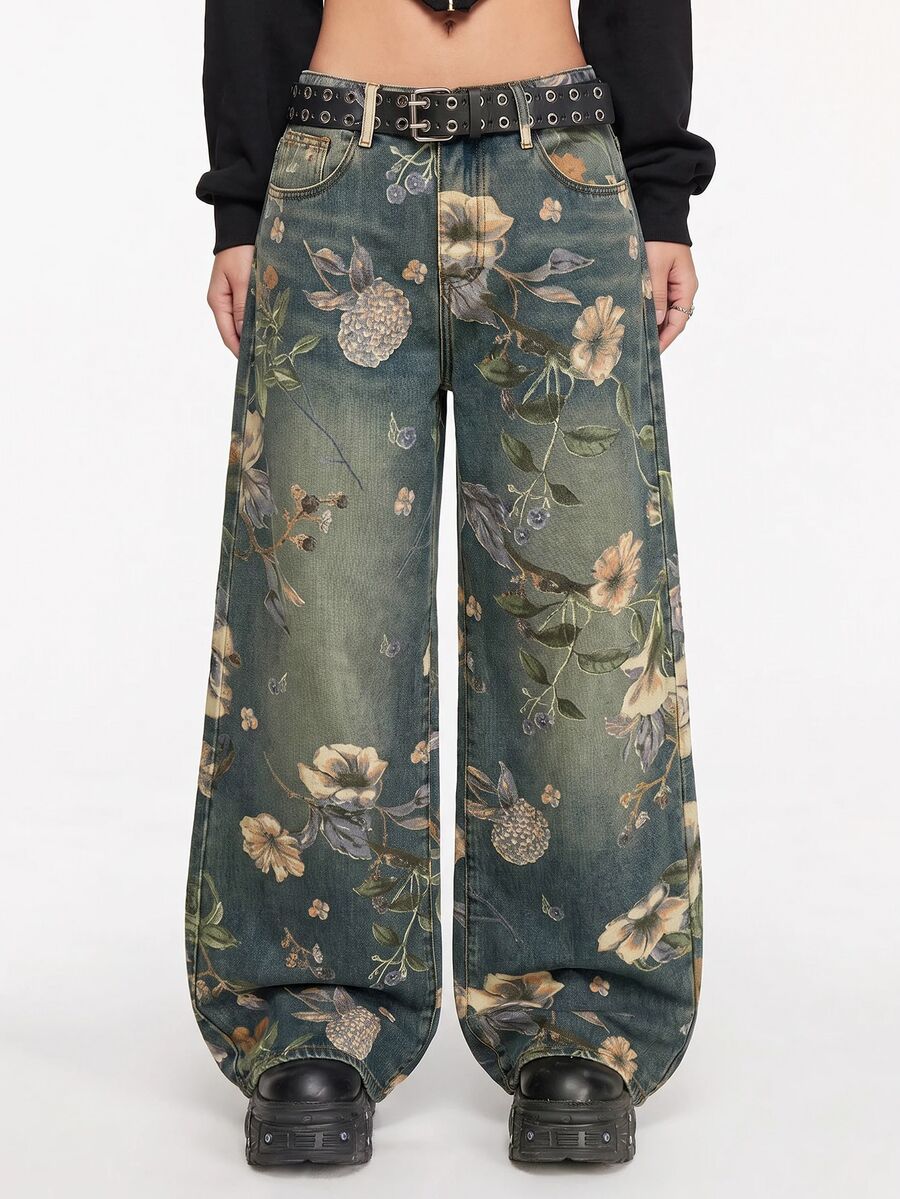 ROMWE Fairycore Vintage Floral Printed Washed Loose Wide Leg Jeans For Women - Blue - View 1