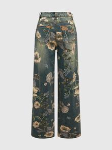 ROMWE Fairycore Vintage Floral Printed Washed Loose Wide Leg Jeans For Women - Blue - View 2