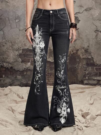 Grunge Punk Women's Y2K Retro Vintage Thorn Cross Vine Print Tight Super Low Waist Flare Jeans
