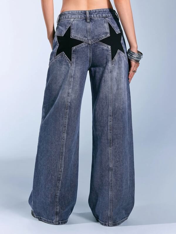 ROMWE Grunge Punk Spring Carnival Y2K Style Low-Rise Relaxed Super Low Waist Straight Leg Boy Friend Jeans With Star Pattern