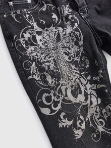 ROMWE Grunge Punk 女式复古垃圾摇滚复古十字架和藤蔓印花低腰性感喇叭裤牛仔裤 - 黑色 - 查看 4