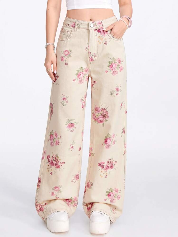 Sweetness Floral Print Relaxed Fit Wide Leg Washed Denim Jeans For Women, Sweet Girl Style - Apricot - View 1