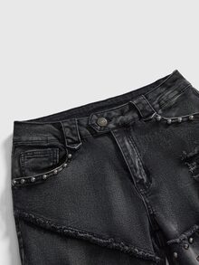 ROMWE Grunge Punk Spring Black Y2K Punk Kpop Rock Distressed Rivet Decorated Vintage Wash Skinny Low Waist Flare Jeans - Black - View 4