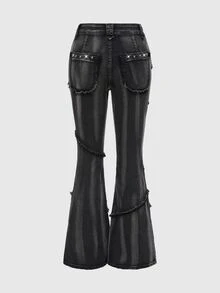 ROMWE Grunge Punk Spring Black Y2K Punk Kpop Rock Distressed Rivet Decorated Vintage Wash Skinny Low Waist Flare Jeans - Black - View 2