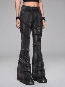 ROMWE Grunge Punk Spring Black Y2K Punk Kpop Rock Distressed Rivet Decorated Vintage Wash Skinny Low Waist Flare Jeans - Black - View 3