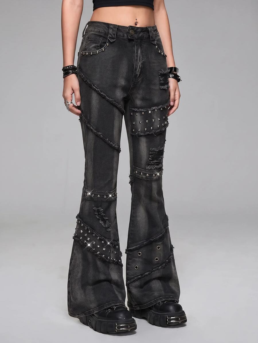 ROMWE Grunge Punk Spring Black Y2K Punk Kpop Rock Distressed Rivet Decorated Vintage Wash Skinny Low Waist Flare Jeans - Black - View 1