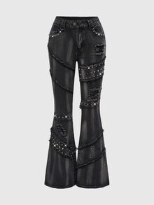 ROMWE Grunge Punk Spring Black Y2K Punk Kpop Rock Distressed Rivet Decorated Vintage Wash Skinny Low Waist Flare Jeans - Black - View 1