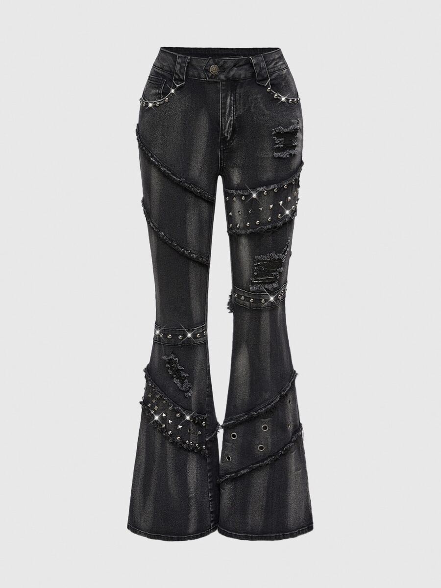 ROMWE Grunge Punk Spring Black Y2K Punk Kpop Rock Distressed Rivet Decorated Vintage Wash Skinny Low Waist Flare Jeans - Black - View 1