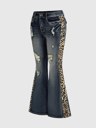 Y2K Gyaru Shibuya Midriff Flashing Low Waist Leopard Print Patchwork Vintage Distressed Design Women Jeans