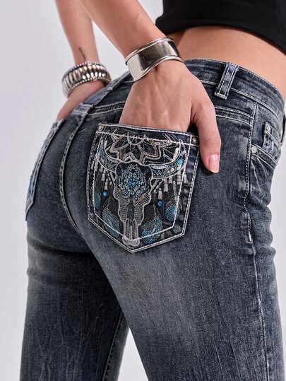 ROMWE Hippie Jeans de cintura baja de estilo bohemio y campestre con bordados de vaquera para mujer