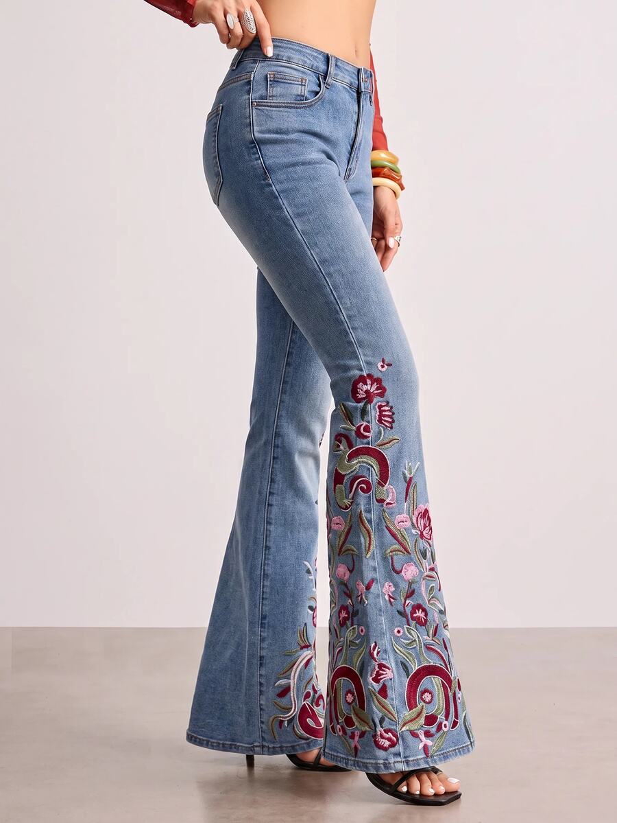 ROMWE Hippie Ladies' Floral Embroidered Flared Jeans, School - Light Wash - View 1