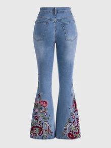 ROMWE Hippie Ladies' Floral Embroidered Flared Jeans, School - Light Wash - View 2