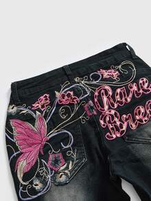 ROMWE Fairycore Y2K Butterfly Embroidery Distressed Super Low Waist Skinny Jeans For Women - Blue - View 3