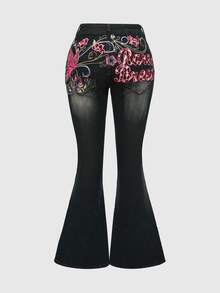 ROMWE Fairycore Y2K Butterfly Embroidery Distressed Super Low Waist Skinny Jeans For Women - Blue - View 4