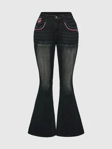 ROMWE Fairycore Y2K Butterfly Embroidery Distressed Super Low Waist Skinny Jeans For Women - Blue - View 2