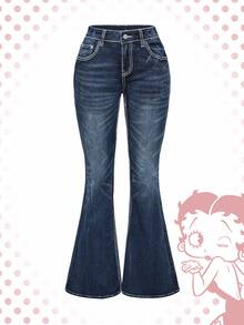 Betty Boop | ROMWE Y2K 复古做旧贝蒂刺绣紧身超低腰喇叭牛仔裤 - 藍色 - 查看 3