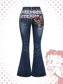 Betty Boop | ROMWE Y2K 复古做旧贝蒂刺绣紧身超低腰喇叭牛仔裤 - 藍色 - 查看 4