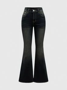 ROMWE J-Fashion Jeans de tiro bajo con pierna acampanada, estampado de leopardo y bordado de alas con estilo Y2K - Celeste - Ver 3