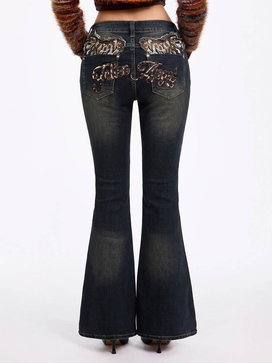 ROMWE J-Fashion Y2K Style Leopard Print Wing Embroidered Retro Flare Leg Low Waist Jeans - Baby Blue - View 1