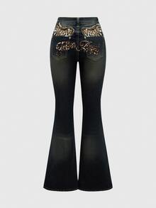 ROMWE J-Fashion Jeans de tiro bajo con pierna acampanada, estampado de leopardo y bordado de alas con estilo Y2K - Celeste - Ver 1