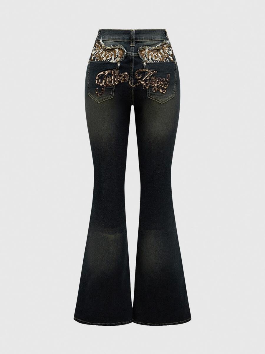 ROMWE J-Fashion Jeans de tiro bajo con pierna acampanada, estampado de leopardo y bordado de alas con estilo Y2K - Celeste - Ver 1