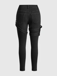 ROMWE Goth Spring/Summer Black Kpop Punk Style High Stretch Skinny Jeans With 3D Pockets For Women - Black - View 2