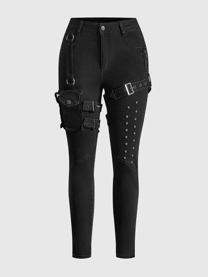 Goth Jeans pitillo de estilo punk coreano con bolsillos 3D de alta elasticidad para mujeres