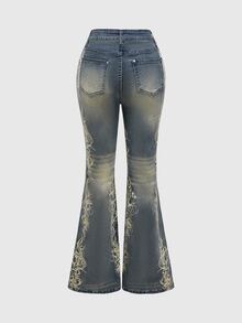 ROMWE Avant Punk Street Vintage Distressed Gothic Print Flare Jeans - Blue - View 2