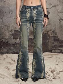 ROMWE Avant Punk Street Vintage Distressed Gothic Print Flare Jeans - Blue - View 1