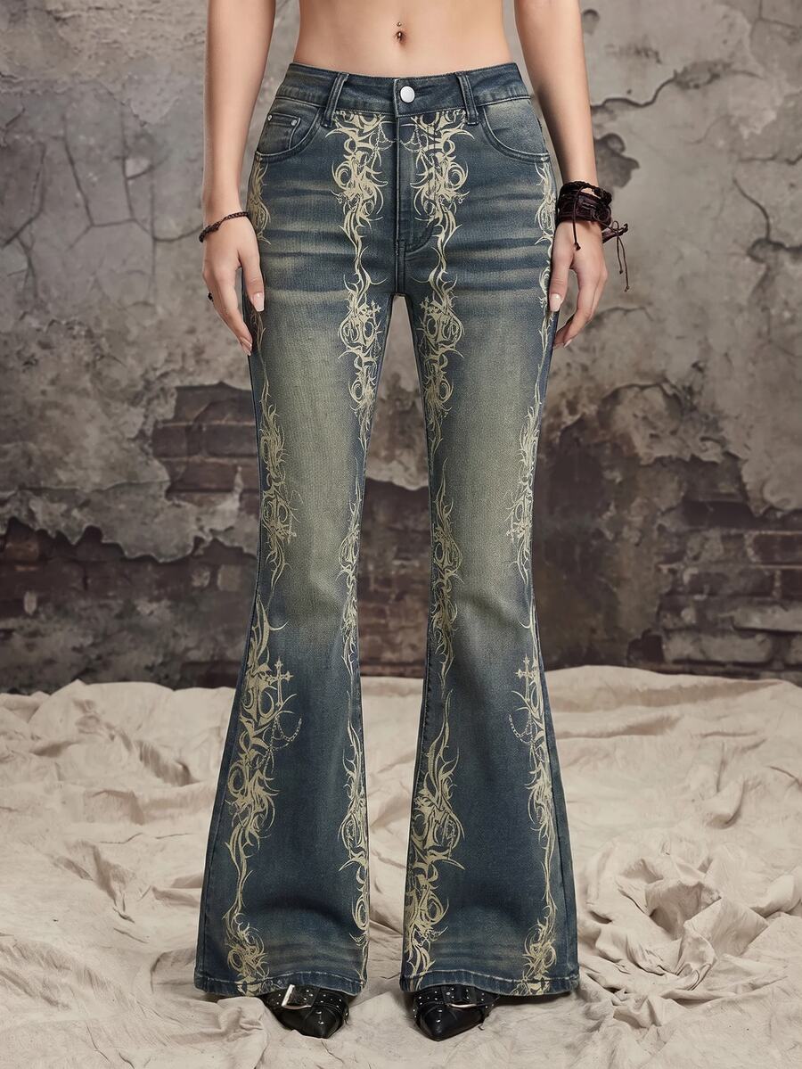 ROMWE Avant Punk Street Vintage Distressed Gothic Print Flare Jeans - Blue - View 1