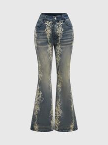 ROMWE Avant Punk Street Vintage Distressed Gothic Print Flare Jeans - Blue - View 3