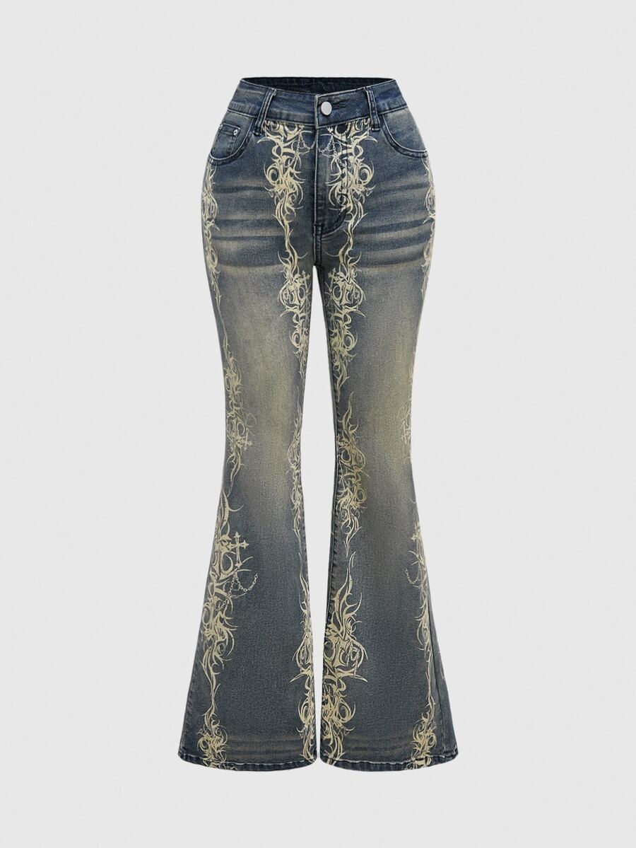 ROMWE Avant Punk Street Vintage Distressed Gothic Print Flare Jeans - Blue - View 1