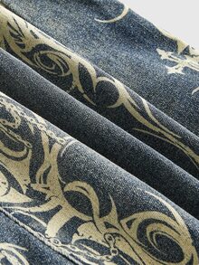 ROMWE Avant Punk Street Vintage Distressed Gothic Print Flare Jeans - Blue - View 5