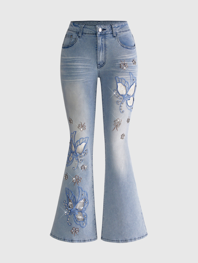 Fairycore Spring/Summer Retro Y2K Distressed Butterfly Embroidery Rhinestone Embellished Slim Fit Flare Leg Women Jeans