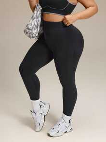 SHEIN Rhythm Era Women's Plus Size Solid Color High Waist Daily Fitness Sports Leggings - Black - View 3