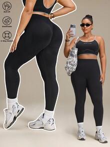 SHEIN Rhythm Era Women's Plus Size Solid Color High Waist Daily Fitness Sports Leggings - Black - View 2