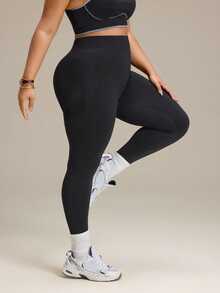 SHEIN Rhythm Era Women's Plus Size Solid Color High Waist Daily Fitness Sports Leggings - Black - View 4